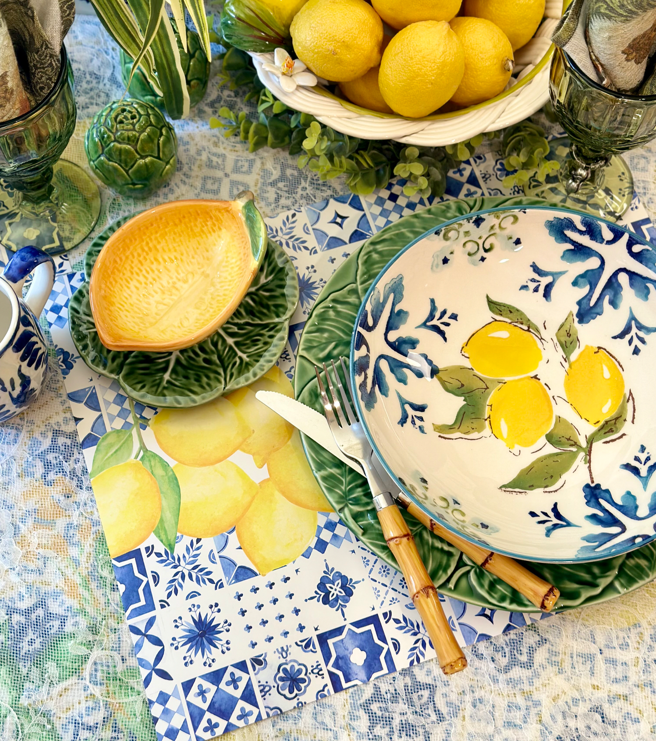 ECOARTTE End of Summer Lemons and Moroccan Tile Wrapping Paper set Blue  Yellow
