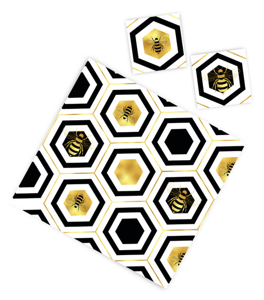Beautiful  and modern  black and gold paper placemat, black and gold exagonals with black and gold bees