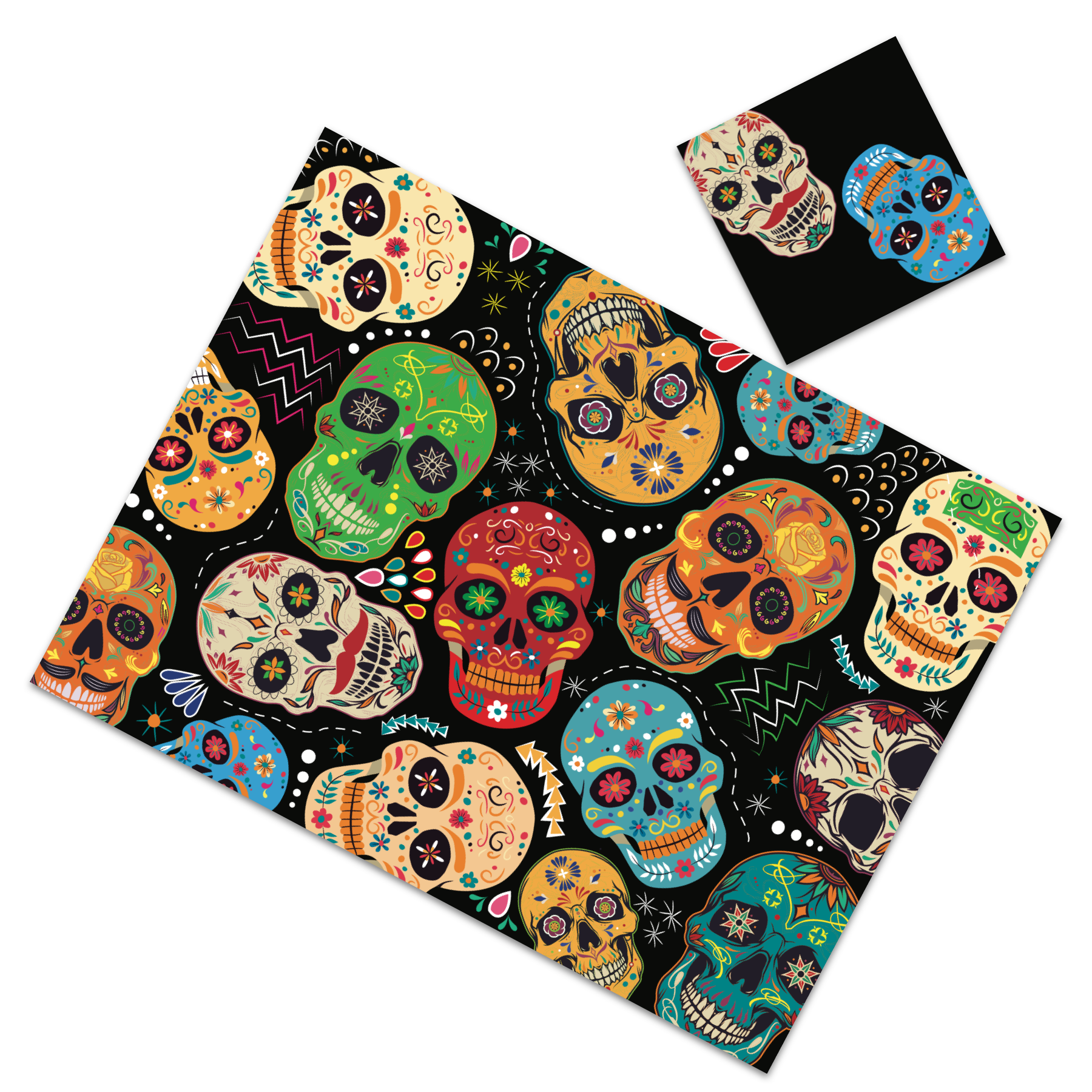 Celebrate Halloween the Mexican way  Disposable rectangular paper place-mats with matching coasters.  Printed on heavy glossy card stock.   Set of 12  Size 16.5" x 12.5"