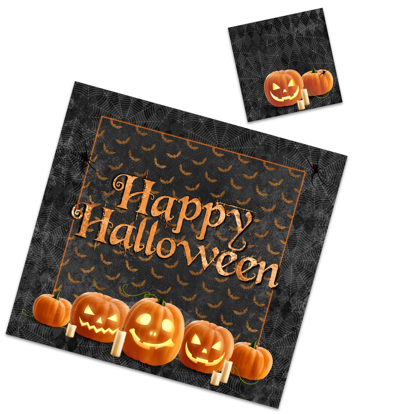 Fun, cute, scary Halloween Jack o'lantern paper placemats  Disposable square paper place-mats with matching coasters.  Printed on heavy glossy card stock.   Set of 12  Size 13.5" x 12.5"
