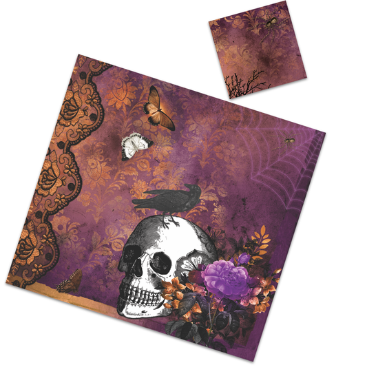 Give your Halloween table a more elegant look with this beautiful yet scary skull paper placemats  Disposable square paper place-mats and matching coasters.  Printed on heavy glossy card stock.   Set of 12  Size 13.5" x 12.5"