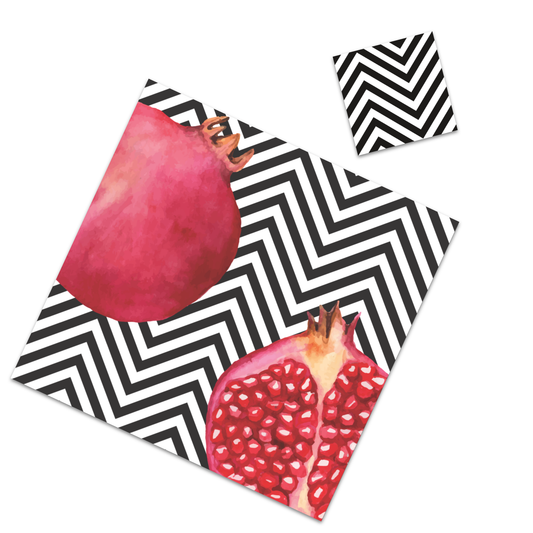 Unique, elegant, beautiful, this is how your table will look with our chevron pomegranate paper placemats  Disposable square paper place-mats with matching coasters.  Printed on heavy glossy card stock.   Set of 12  Place them together to create a runner  Size 13.5" x 12.5"