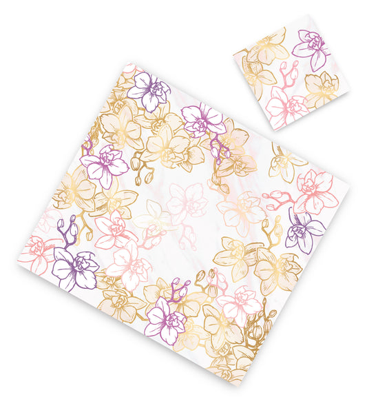 Unique, elegant, beautiful, this is how your table will look with our pastel colors Orchids paper placemats  Disposable square paper place-mats with matching coasters.  Printed on heavy glossy card stock.   Set of 12  Place them together to create a runner look  Size 13.5" x 12.25"
